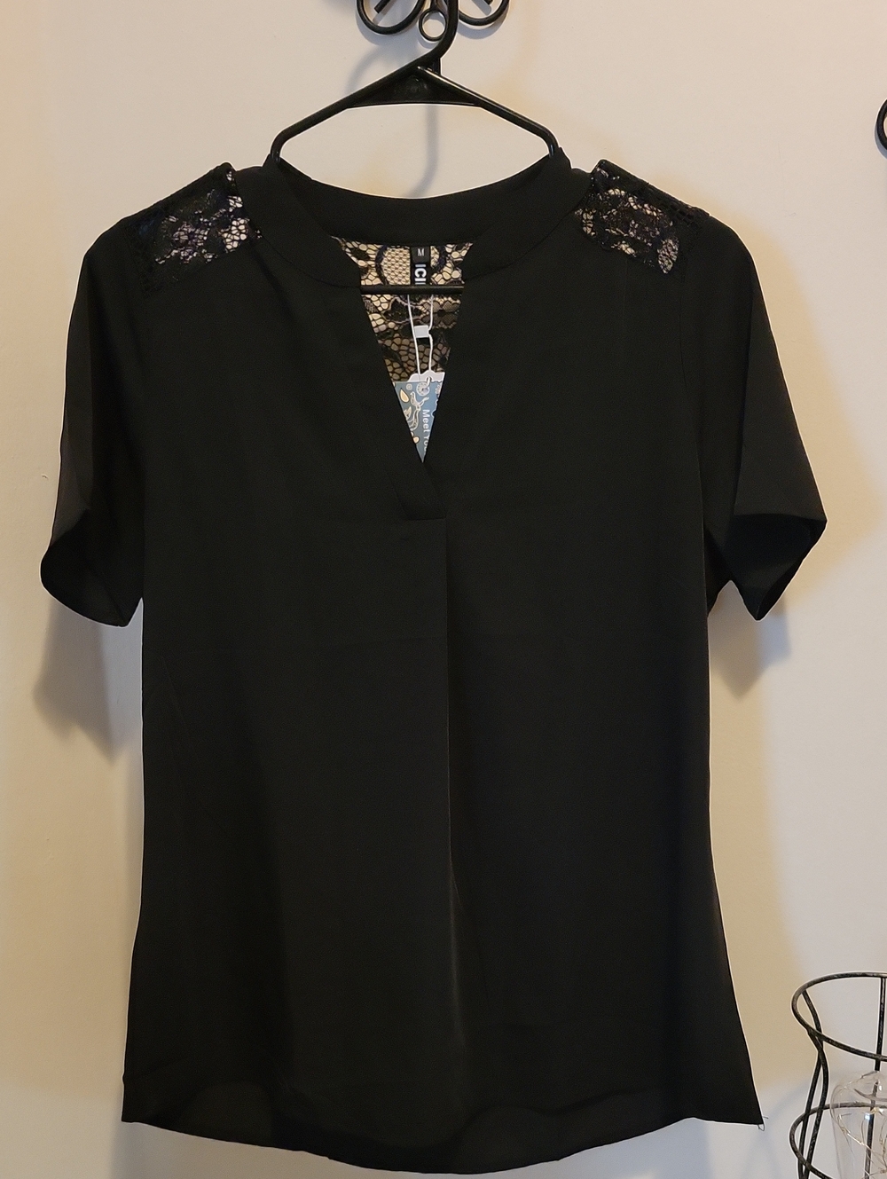 Women's Black Lace-Accent V-Notch Blouse